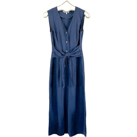 Hobbs Lindie Navy Blue Linen Tie Waist Jumpsuit - Picture 1 of 8